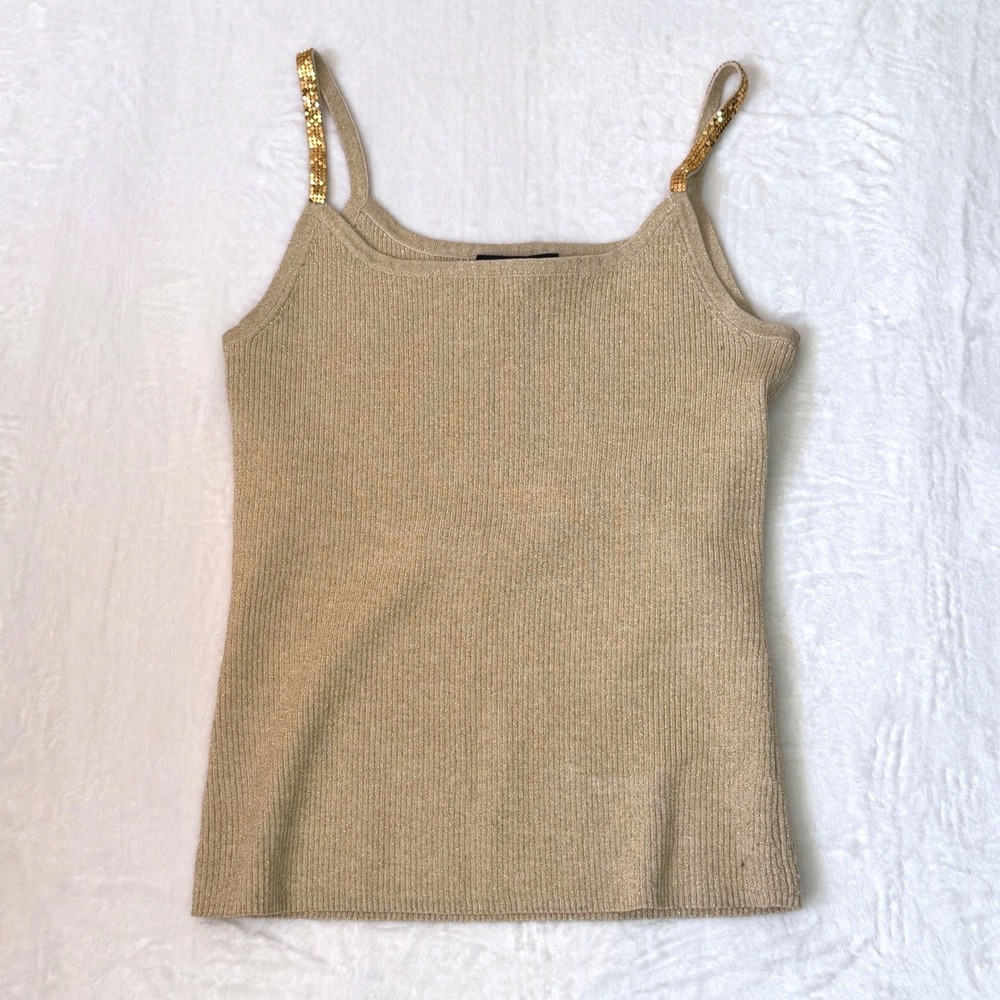 Cable & Gauge Tank Top Sequin Straps Medium Gold Womens Silk Blend Cami Party